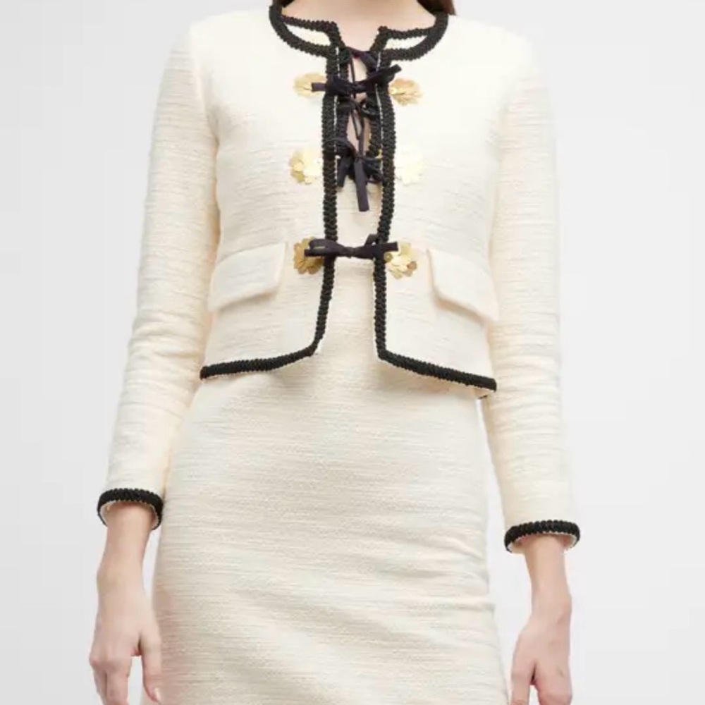 Derek Lam Cream Tweed Cropped Jacket with Black Trim